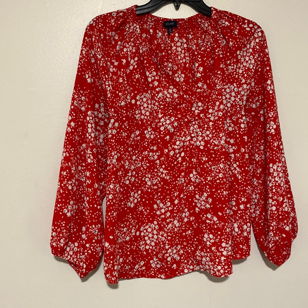 ECLAIR Ditsy Floral Red White Comfortable Button Front Blouse - Size S